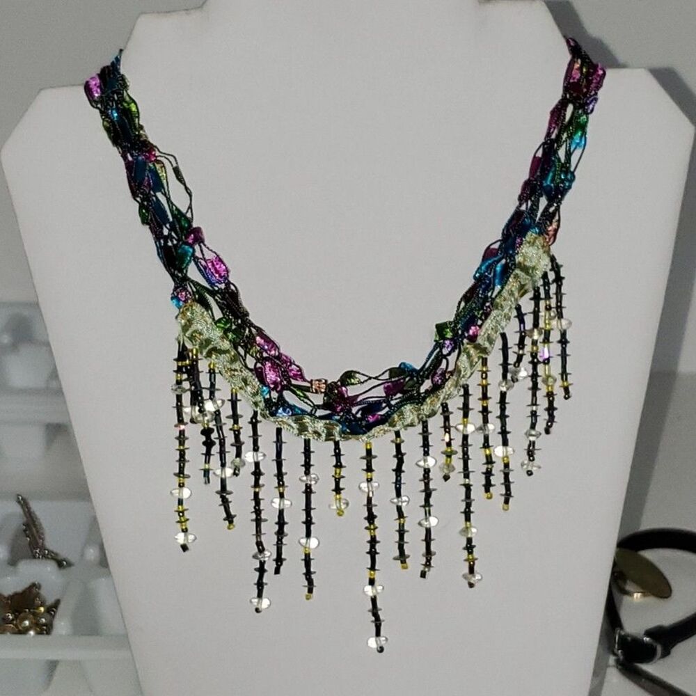 Artisan Boho Gypsy Handmade Beaded Collar Necklace Rainbow Colored Unique